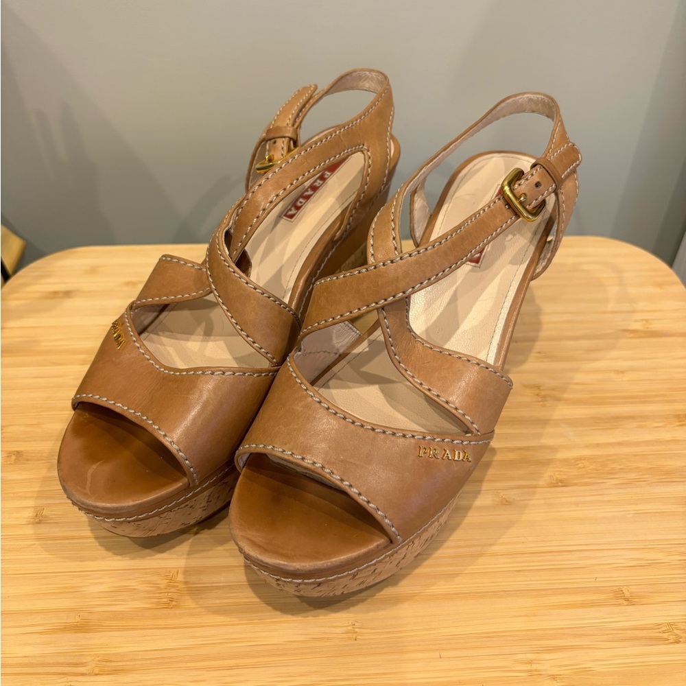 Prada patent leather cork wedge
